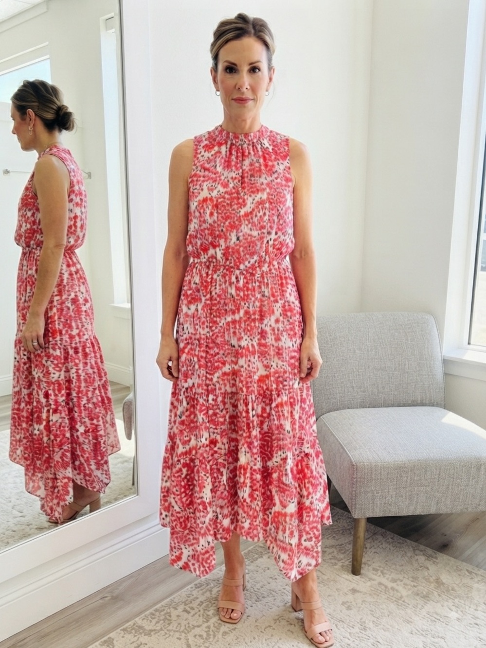SCOOP Pink Red Ikat Pleated Tiered Midi Maxi Dress High Neck Size M (8-10)